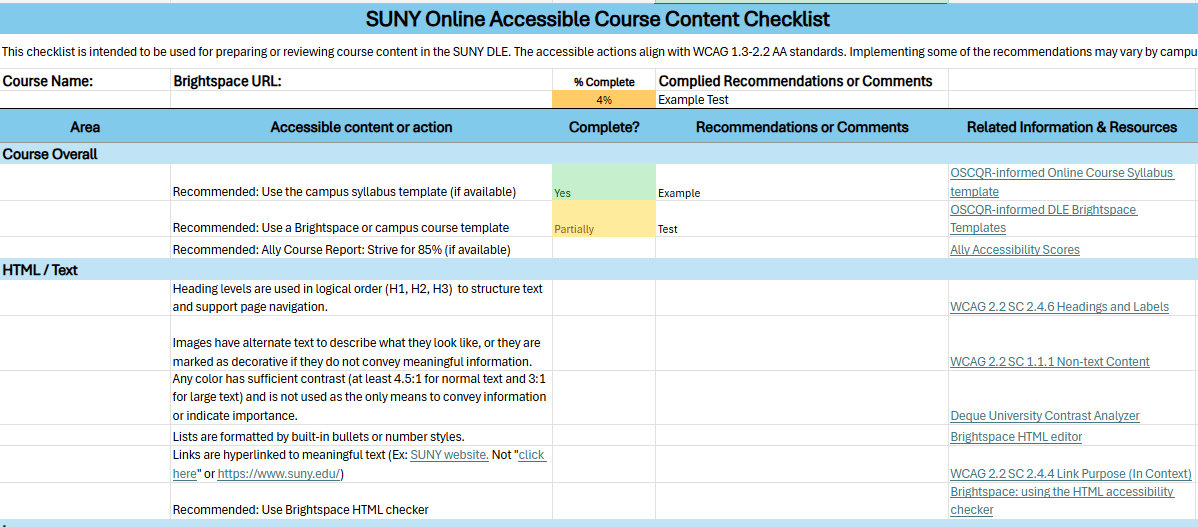 Screenshot of the Accessible Course Content Checklist