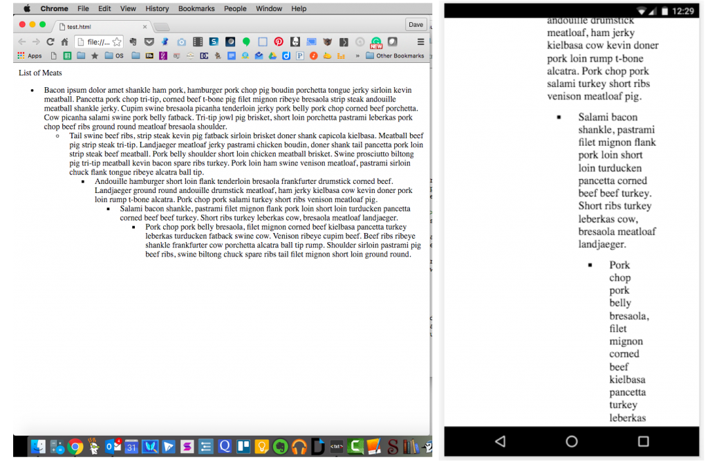 A side-by-side comparison of how desktop browsers show nested bullets and how mobile devices do.