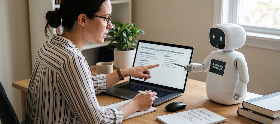 Instructional designer working on a course with an AI robot assisting on the side.