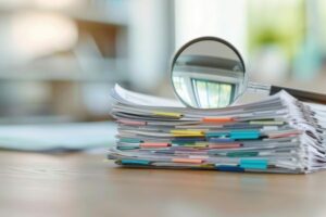 Magnifying glass over stack of paper with tabs