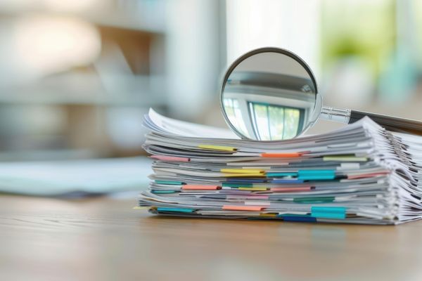 Magnifying glass over stack of paper with tabs